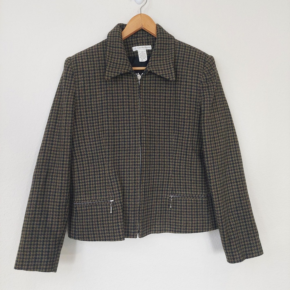 J. London Vintage 100% Wool Houndstooth Zip Front Blazer Jacket Black Size 10